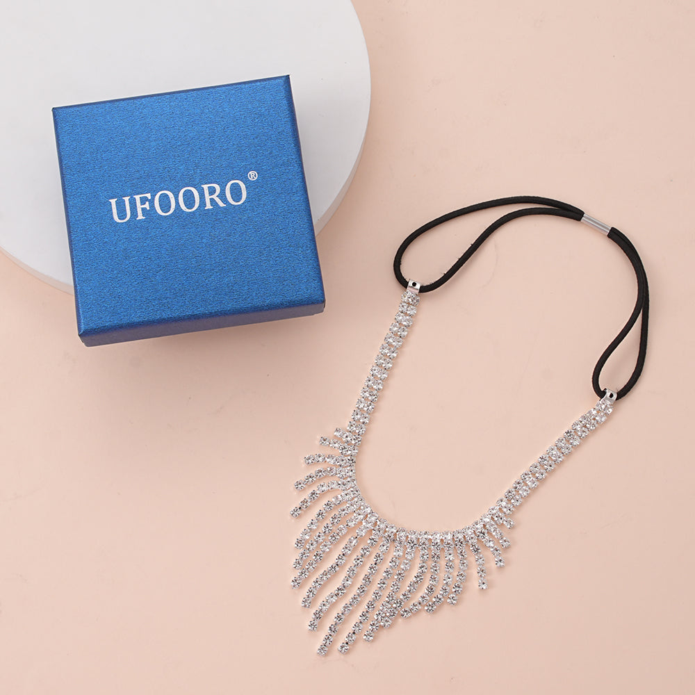 UFOORO Waterfall Curtain Necklace Long Layered Zirconia Chandelier Jewelry Ornaments for Wedding Dress