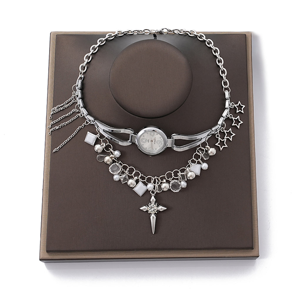 UFOORO Watch Movement Necklace Clock Gear Pendant Imitation Jewelry Steampunk Crystal Chain